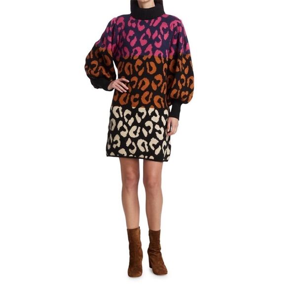 FARM Rio Leopard Pattern Sweater Dress High Neck Multicolored Sz L NWT - Picture 4 of 17